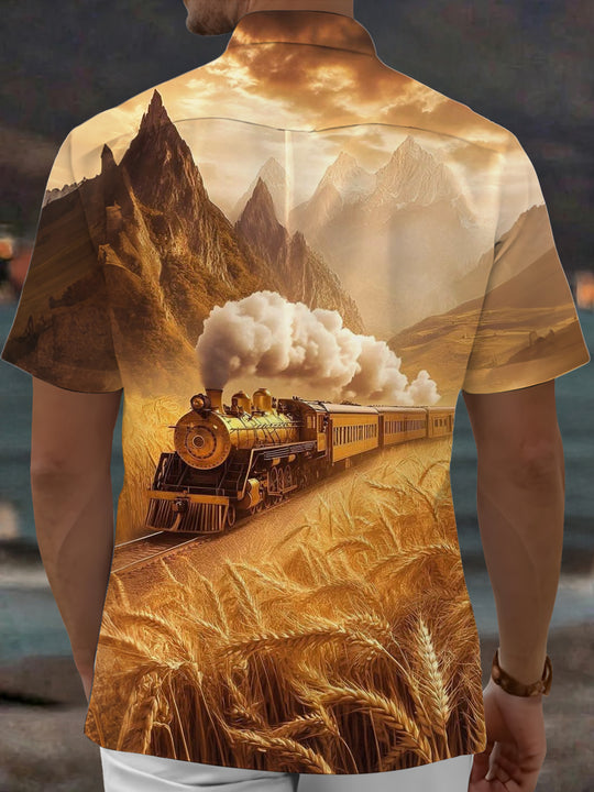 Adaychic Men's Vintage Style Vintage Steam Train Print Short Sleeve Shirt with Chest Pocket