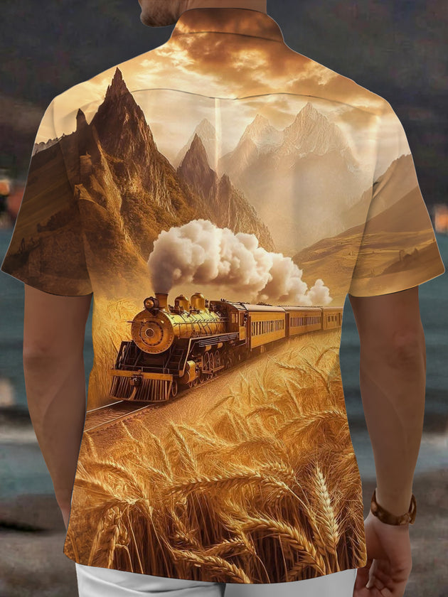Adaychic Men's Vintage Style Vintage Steam Train Print Short Sleeve Shirt with Chest Pocket