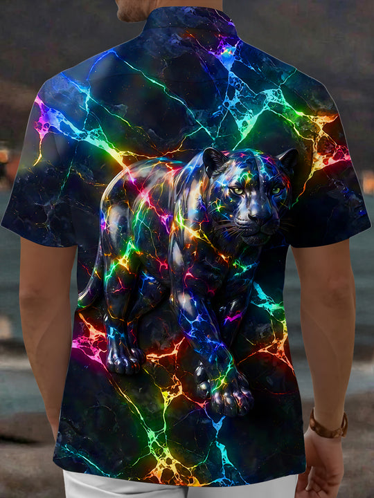 Adaychic Men's Graphic V-neck Print Short Sleeve Shirt with Chest Pocket
