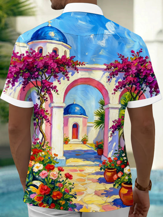 Adaychic Men's Short Sleeve Shirt - Mediterranean Scenery With Blue Domes And Bougainvillea Print with Chest Pocket