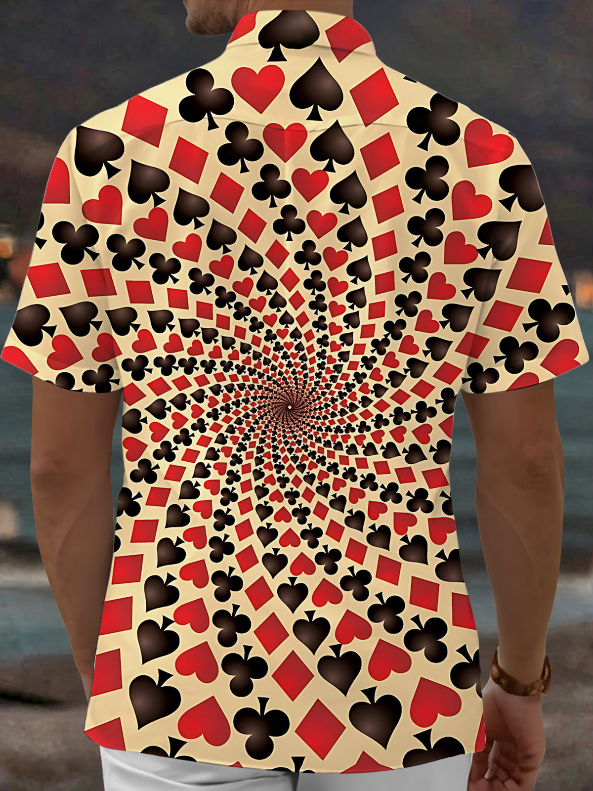 Adaychic Men's Printed Spiral Poker Print Card Suits Pattern Short Sleeve Shirt with Chest Pocket