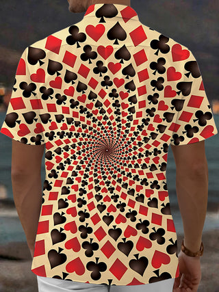 Adaychic Men's Printed Spiral Poker Print Card Suits Pattern Short Sleeve Shirt with Chest Pocket