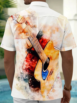 Adaychic Men's Graphic Watercolor Acoustic Guitar Print Short Sleeve Shirt with Chest Pocket