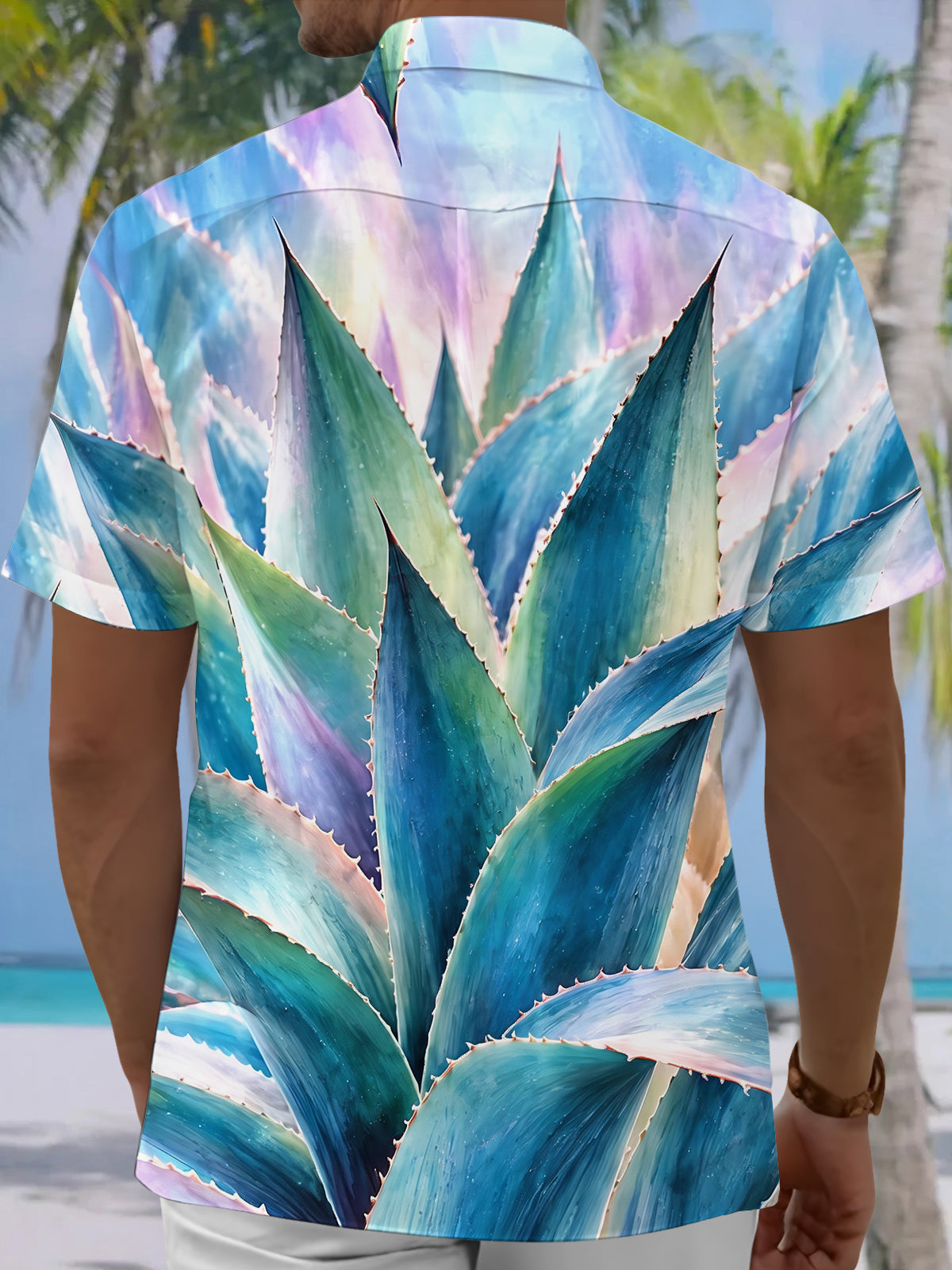 Adaychic Men's Hawaiian Agave Plant Leaves Print Short Sleeve Shirt with Chest Pocket