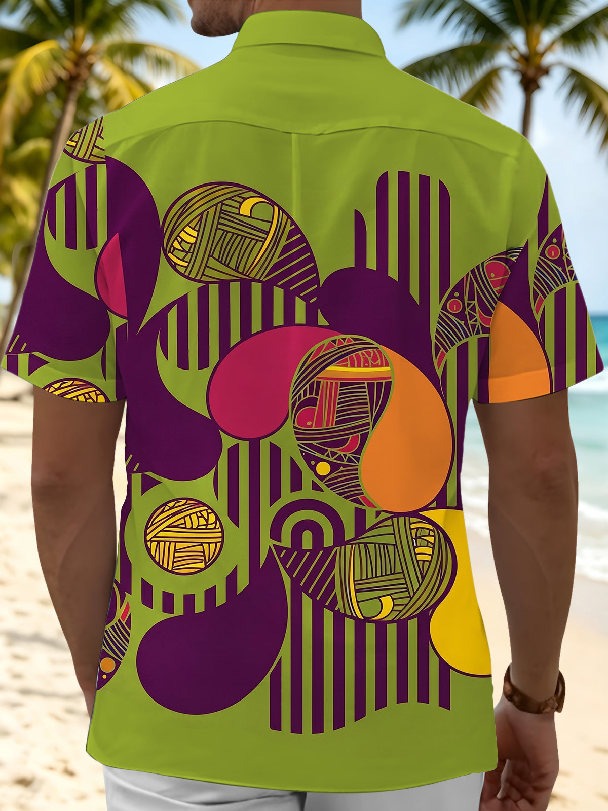 Adaychic Men's Retro Abstract Geometric Shapes Print Short Sleeve Shirt with Chest Pocket