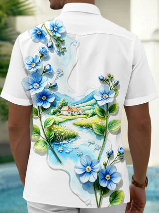 Adaychic Men's Printed Floral Landscape Print Short Sleeve Shirt with Chest Pocket