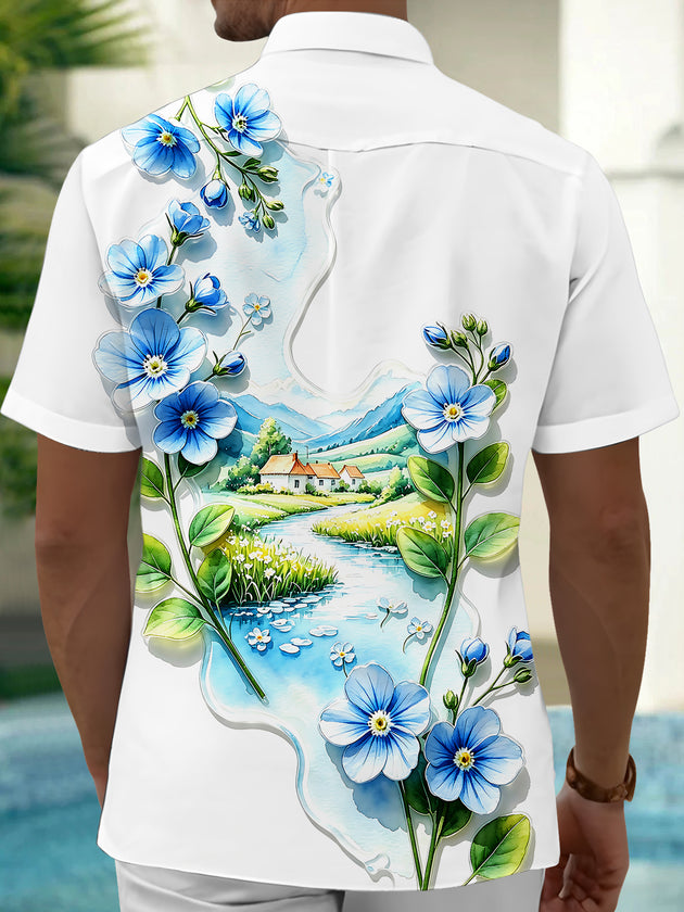 Adaychic Men's Printed Floral Landscape Print Short Sleeve Shirt with Chest Pocket