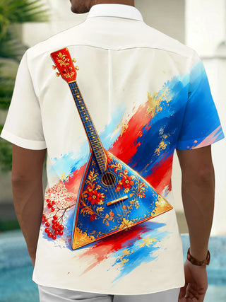 Adaychic Men's Graphic Balalaika Instrument Print Short Sleeve Shirt with Chest Pocket