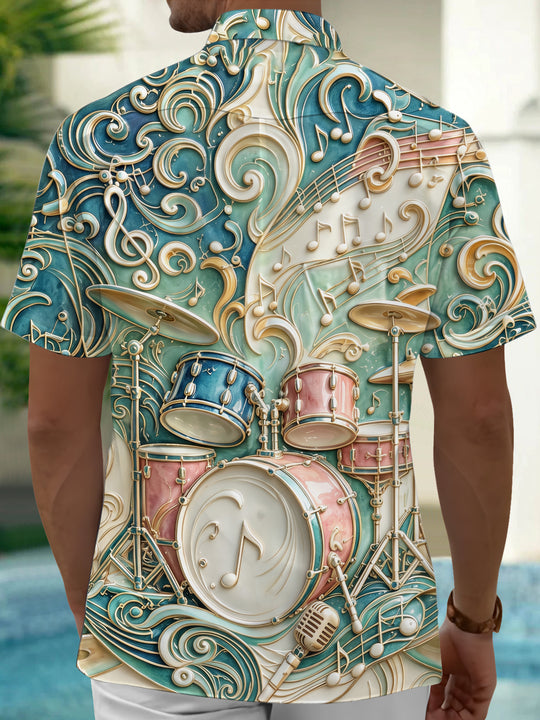 Adaychic Men's 3D 3D Drum Kit Print Musical Notes Print Short Sleeve Shirt with Chest Pocket