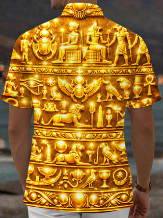 Adaychic Men's Printed Ancient Egyptian Hieroglyphs Print Short Sleeve Shirt with Chest Pocket