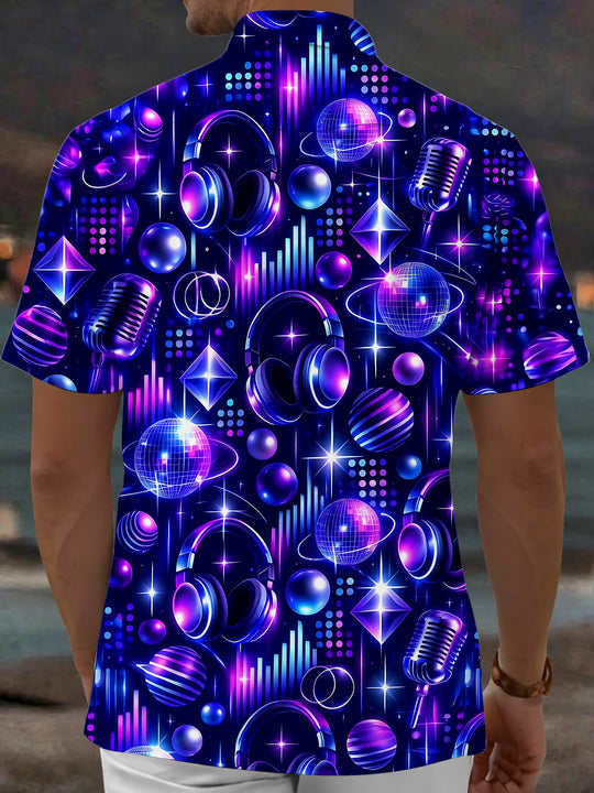 Adaychic Men's Neon Music Equipment And Disco Balls Print Short Sleeve Shirt with Chest Pocket