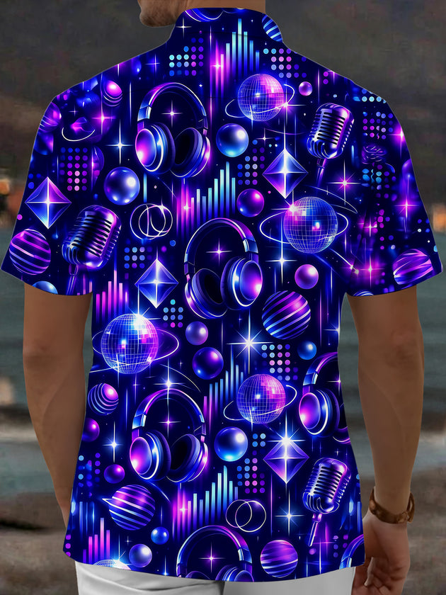 Adaychic Men's Neon Music Equipment And Disco Balls Print Short Sleeve Shirt with Chest Pocket