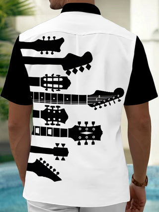 Adaychic Men's Graphic Guitar Headstock Silhouette Print Short Sleeve Shirt with Chest Pocket