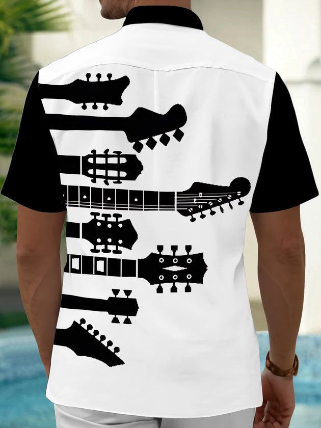 Adaychic Men's Graphic Guitar Headstock Silhouette Print Short Sleeve Shirt with Chest Pocket