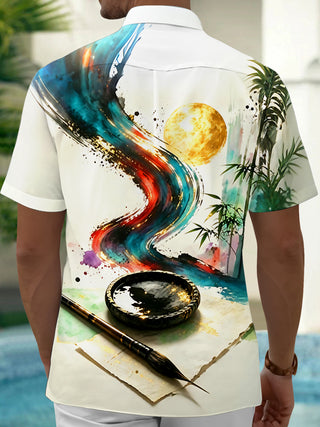 Adaychic Men's Graphic Ink Brush Moon Bamboo Print Short Sleeve Shirt with Chest Pocket