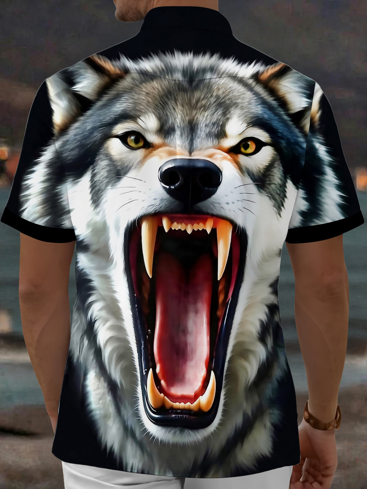 Adaychic Men's Graphic Roaring Wolf Face Print Wolf Print Short Sleeve Shirt with Chest Pocket