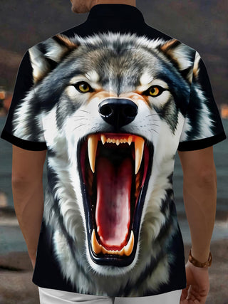 Adaychic Men's Graphic Roaring Wolf Face Print Wolf Print Short Sleeve Shirt with Chest Pocket