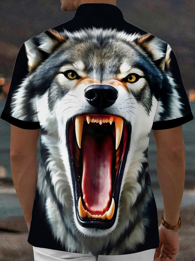 Adaychic Men's Graphic Roaring Wolf Face Print Wolf Print Short Sleeve Shirt with Chest Pocket