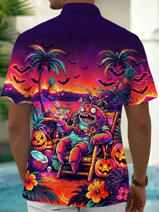 Adaychic Men's Halloween Monster And Jack-o-lanterns Print Short Sleeve Shirt with Chest Pocket