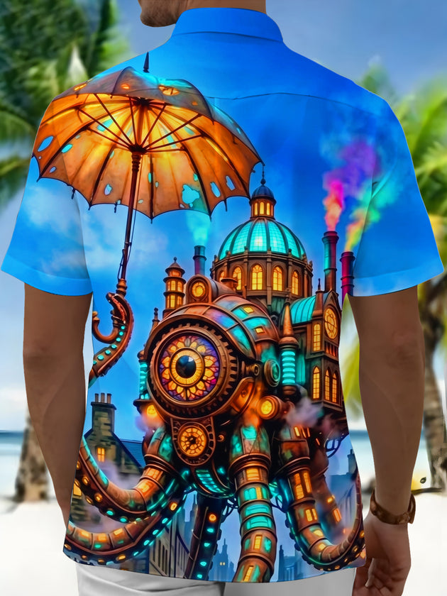 Adaychic Men's Graphic Steampunk Mechanical Octopus Print Short Sleeve Shirt with Chest Pocket