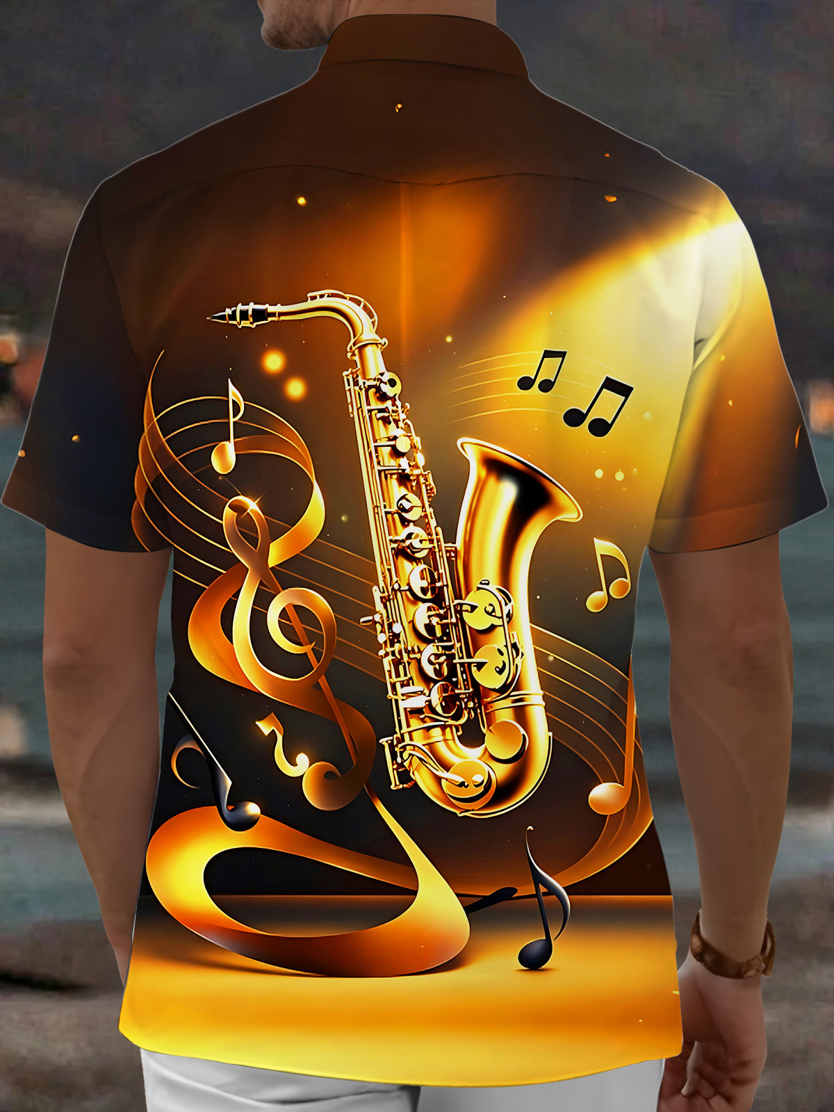 Adaychic Men's Graphic Golden Saxophone Print Short Sleeve Shirt with Chest Pocket
