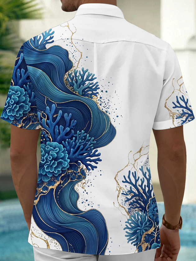 Adaychic Men's Hawaiian Ocean Wave Print Coral Reef Print Short Sleeve Shirt with Chest Pocket