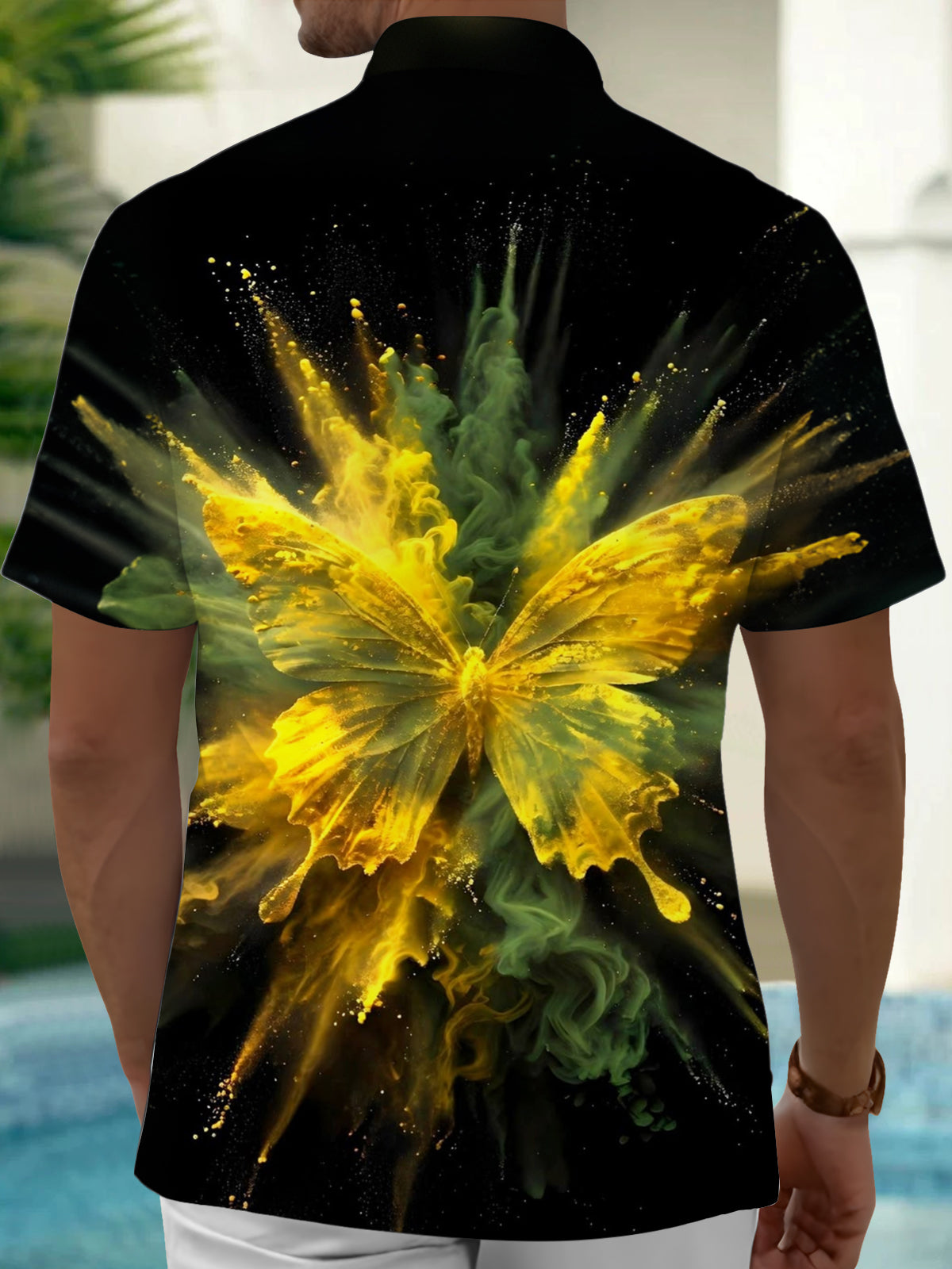 Adaychic Men's Printed Butterfly Explosion Print Short Sleeve Shirt with Chest Pocket