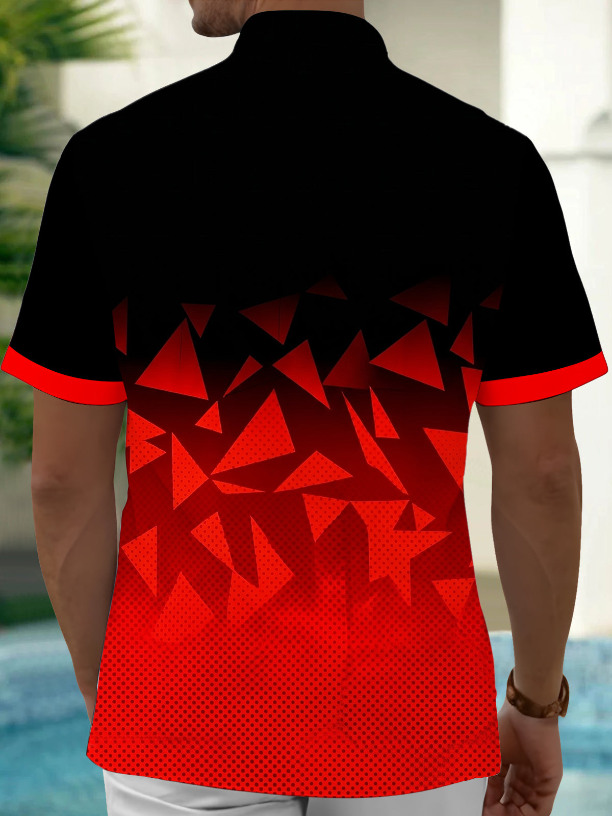 Adaychic Men's Graphic Black Red Geometric Triangle Print Short Sleeve Button Down Shirt with Chest Pocket