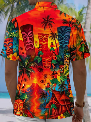 Adaychic Men's Hawaiian Floral Tiki Mask Hula Dancer Volcano Print Short Sleeve Button Down Shirt with Chest Pocket
