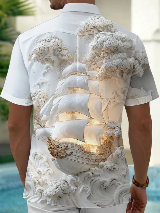 Adaychic Men's 3D Sailing Ship Graphic Print Short Sleeve Button Down Shirt with Chest Pocket