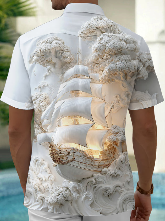 Adaychic Men's 3D Sailing Ship Graphic Print Short Sleeve Button Down Shirt with Chest Pocket