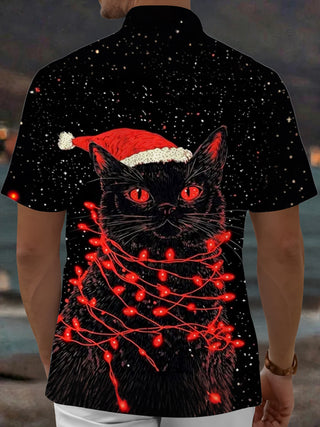 Adaychic Men's Graphic Black Cat With Santa Hat Print Short Sleeve Shirt with Chest Pocket
