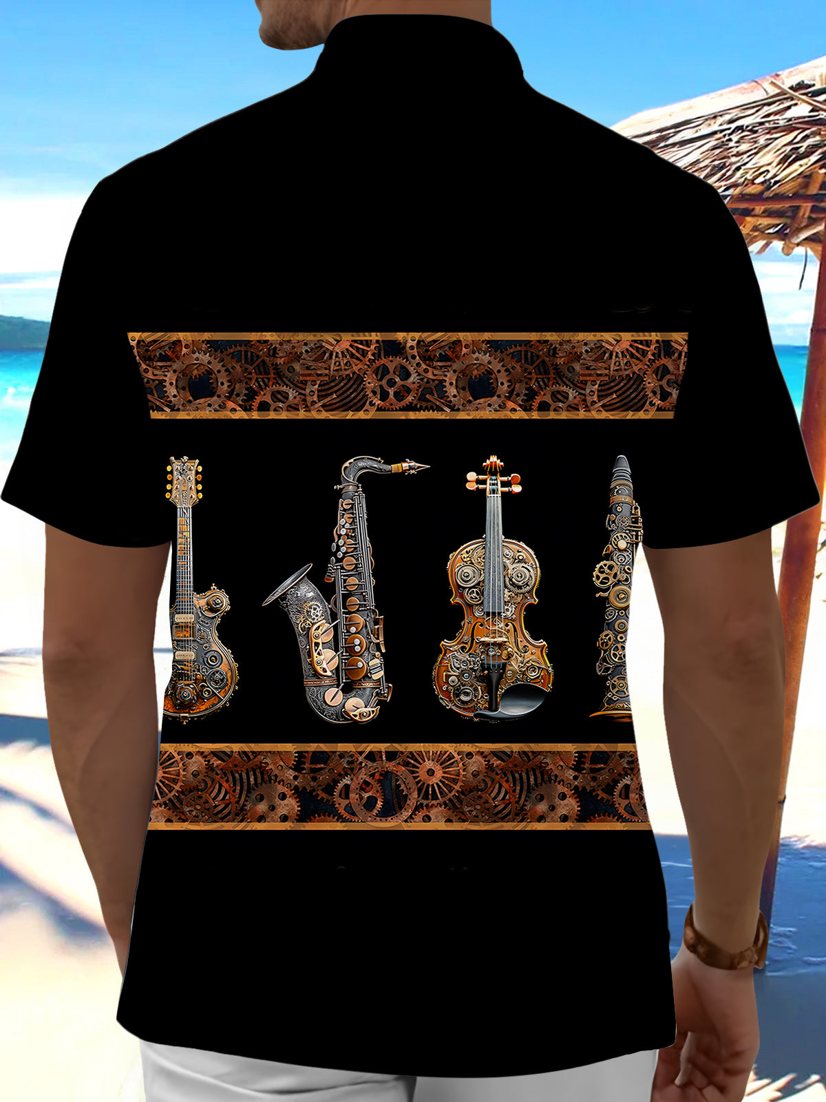 Adaychic Men's Graphic Steampunk Musical Instruments Print Short Sleeve Shirt with Chest Pocket