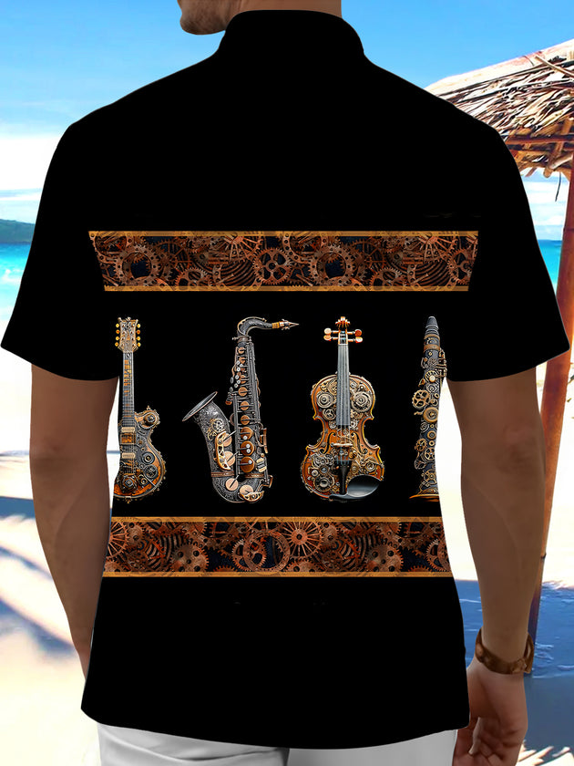 Adaychic Men's Graphic Steampunk Musical Instruments Print Short Sleeve Shirt with Chest Pocket