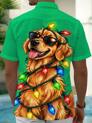 Adaychic Men's Graphic Christmas Dog And String Lights Print Short Sleeve Shirt with Chest Pocket