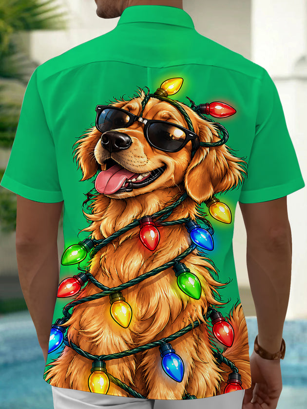 Adaychic Men's Graphic Christmas Dog And String Lights Print Short Sleeve Shirt with Chest Pocket