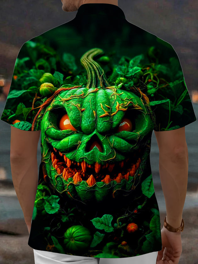 Adaychic Men's Graphic Halloween Pumpkin Face Print Short Sleeve Shirt with Chest Pocket