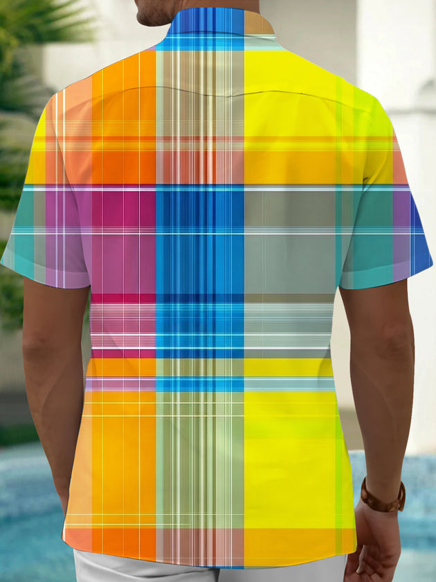 Adaychic Men's Printed Colorful Plaid Pattern Short Sleeve Shirt with Chest Pocket