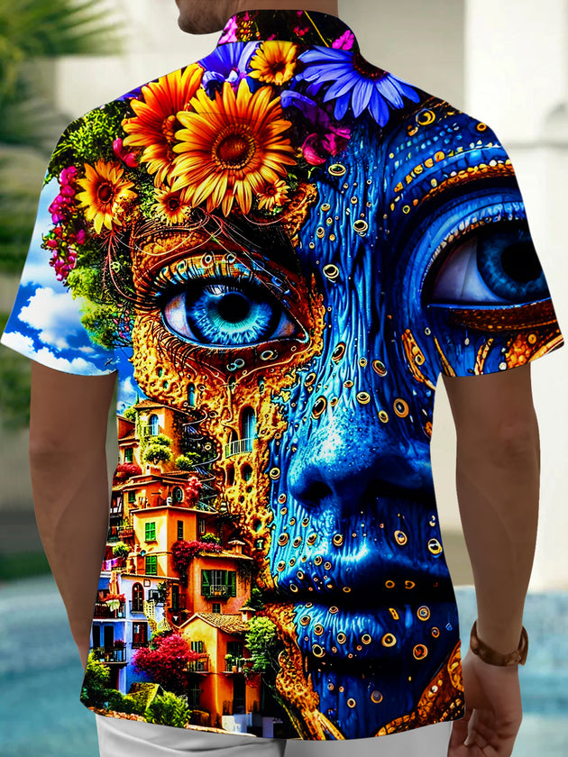 Adaychic Men's Graphic 3D Surreal Face Sunflower Village Print Short Sleeve Button Down Shirt with Chest Pocket