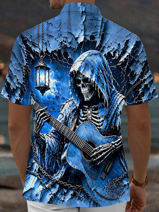 Adaychic Men's Skeleton Playing Guitar Print Short Sleeve Shirt with Chest Pocket