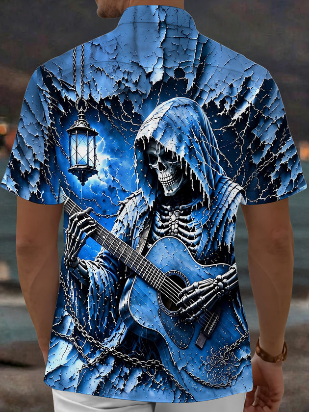 Adaychic Men's Skeleton Playing Guitar Print Short Sleeve Shirt with Chest Pocket