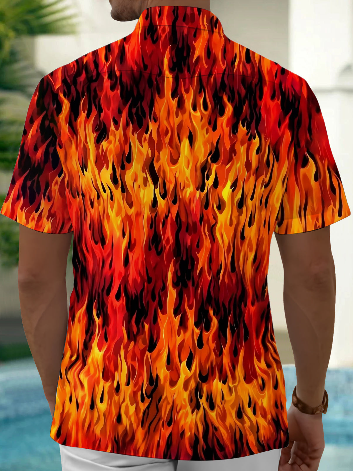 Adaychic Men's Hawaiian Fire Pattern Flames Print Short Sleeve Shirt with Chest Pocket