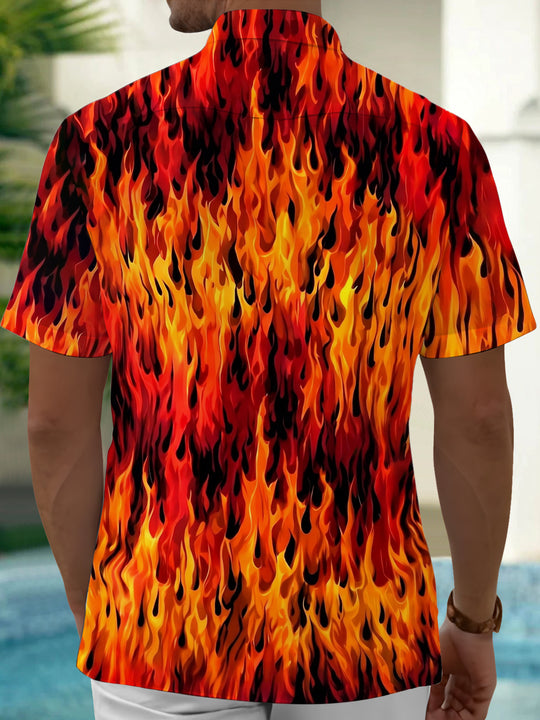 Adaychic Men's Hawaiian Fire Pattern Flames Print Short Sleeve Shirt with Chest Pocket