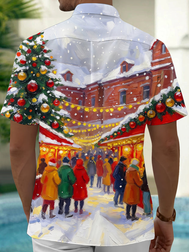 Adaychic Men's Short Sleeve Shirt - Christmas Market Scene With Christmas Tree And Ornaments Print with Chest Pocket