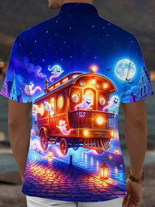 Adaychic Men's Graphic Ghost Train Print Short Sleeve Shirt with Chest Pocket