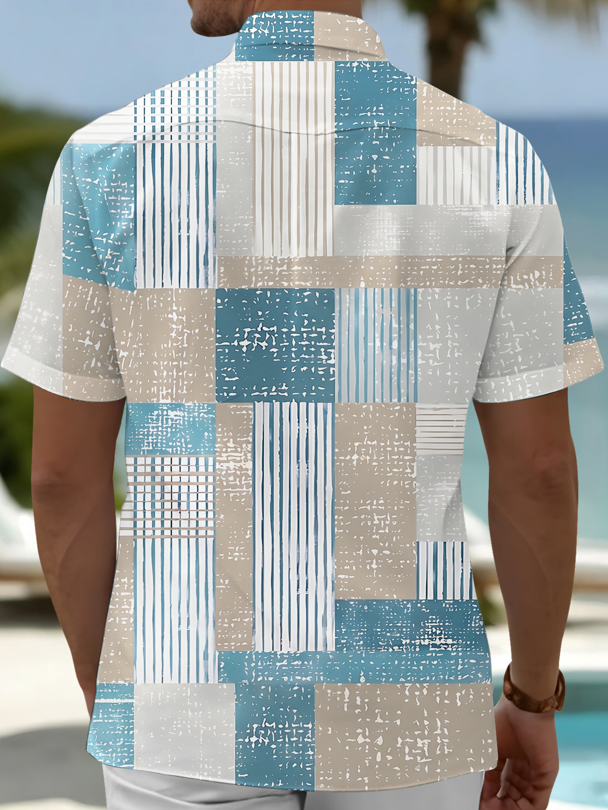 Adaychic Men's Striped Geometric Patchwork Stripes Print Short Sleeve Shirt with Chest Pocket