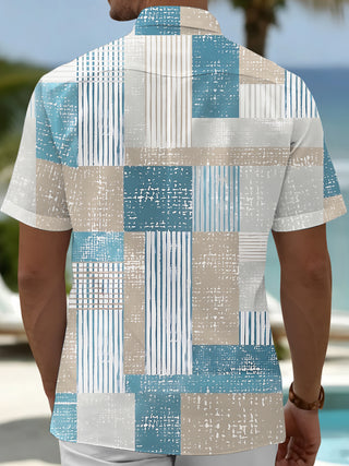 Adaychic Men's Striped Geometric Patchwork Stripes Print Short Sleeve Shirt with Chest Pocket