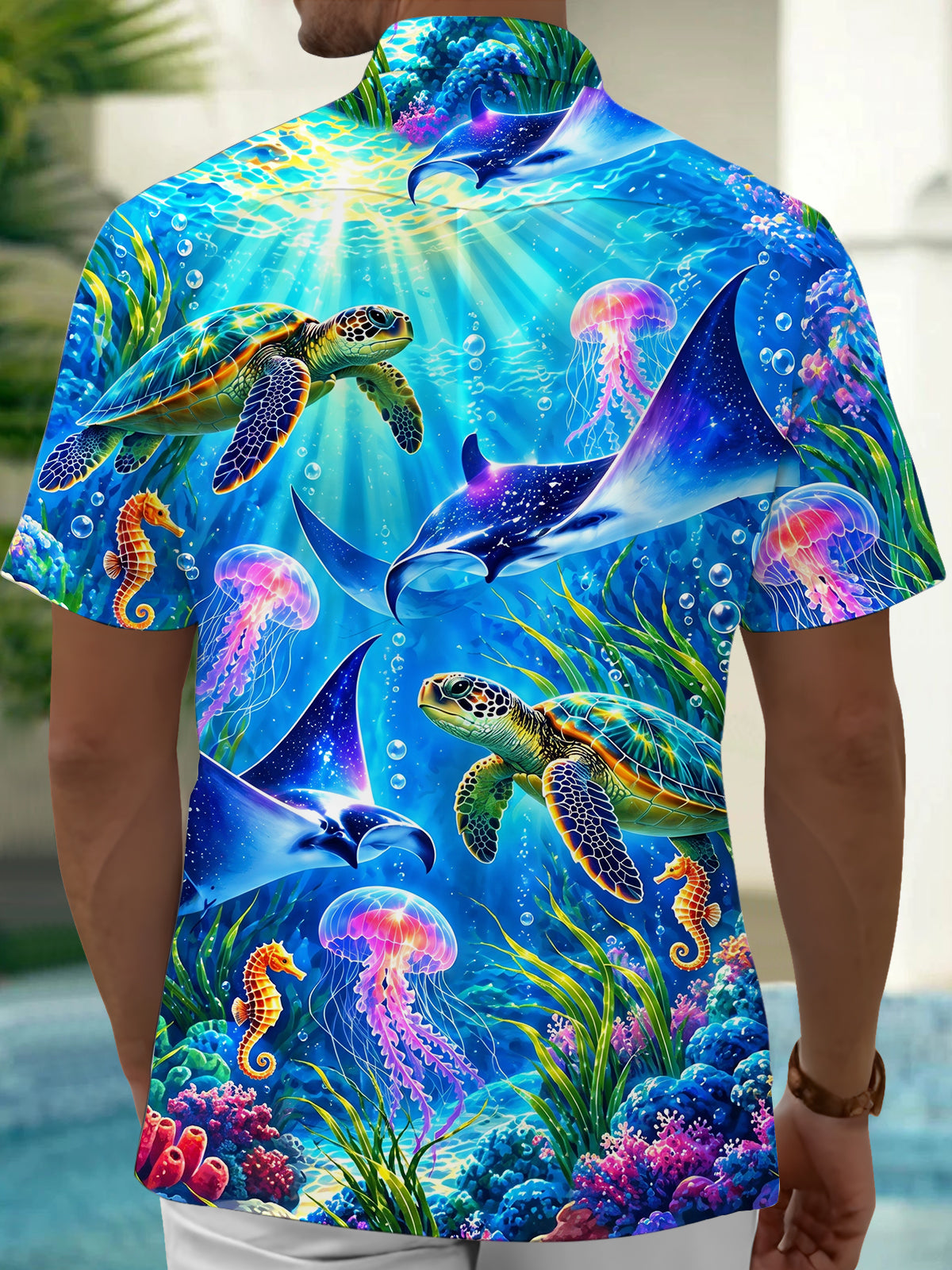 Adaychic Men's Underwater Sea Turtles And Jellyfish Print Short Sleeve Shirt with Chest Pocket
