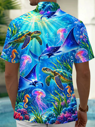 Adaychic Men's Underwater Sea Turtles And Jellyfish Print Short Sleeve Shirt with Chest Pocket