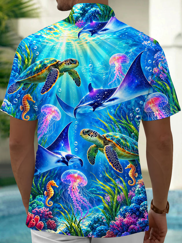 Adaychic Men's Underwater Sea Turtles And Jellyfish Print Short Sleeve Shirt with Chest Pocket